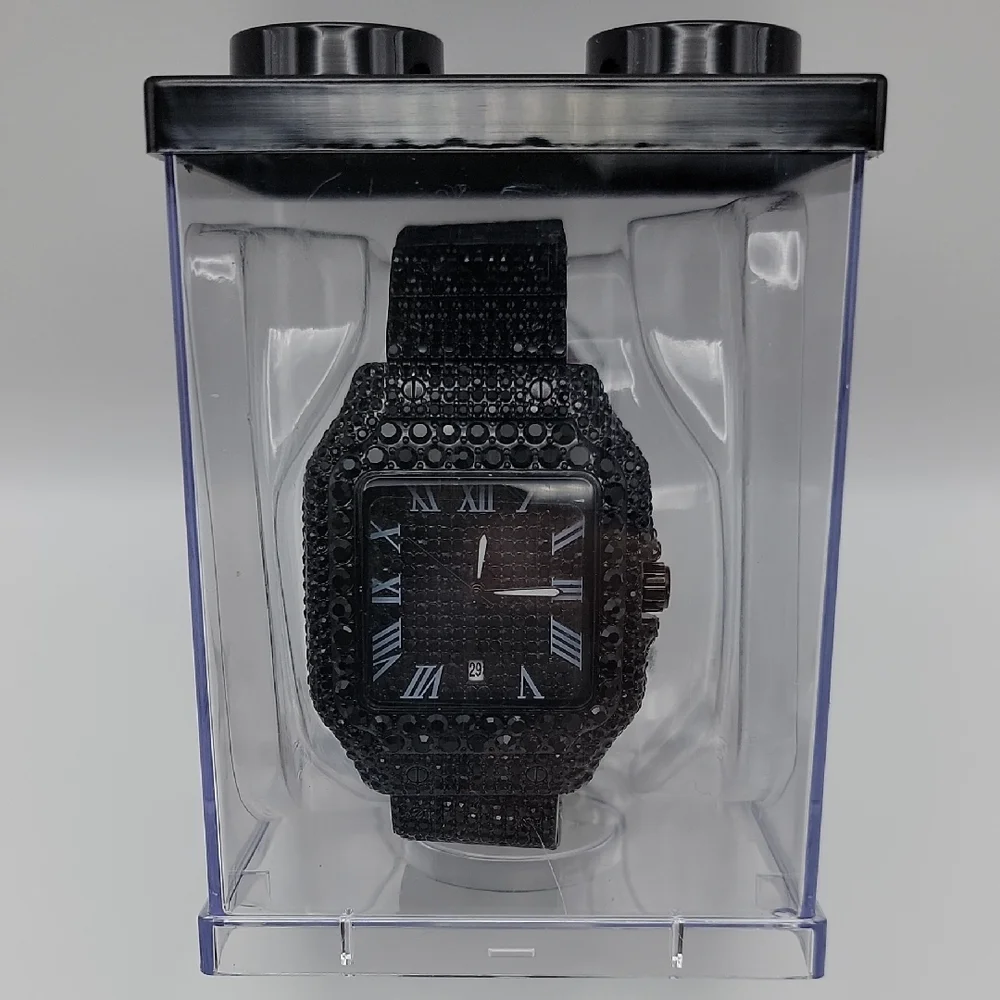 Blacked Out Square Mens Watch Pavé Crystals 41mm Roman Numerals Date Illuminated